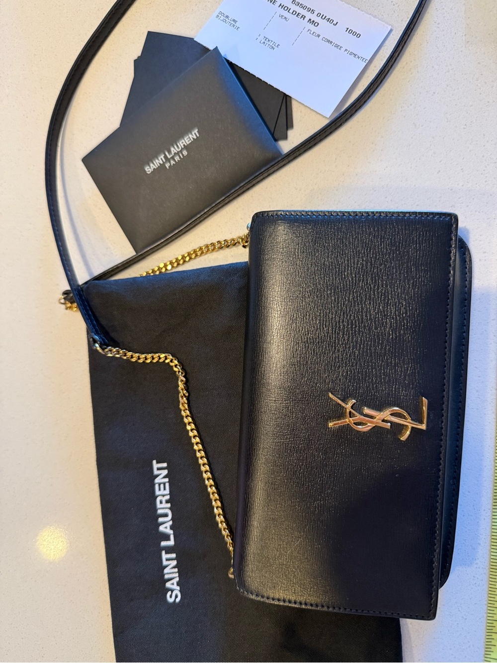 Saint Laurent Black Leather Wallet with Gold YSL Chain Logo
